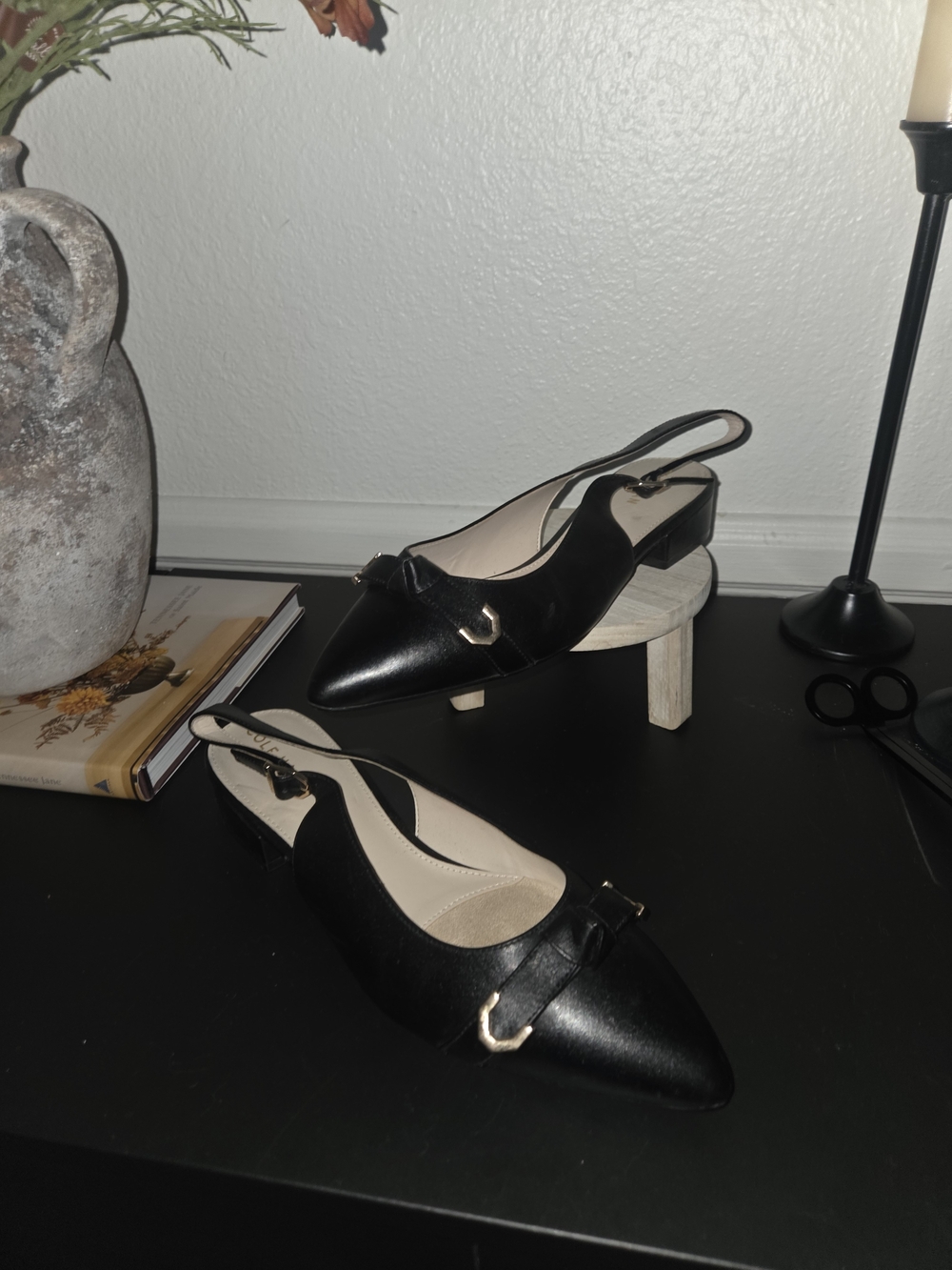 Cole Haan Black Pointed Slingback Mules with Gold Accents